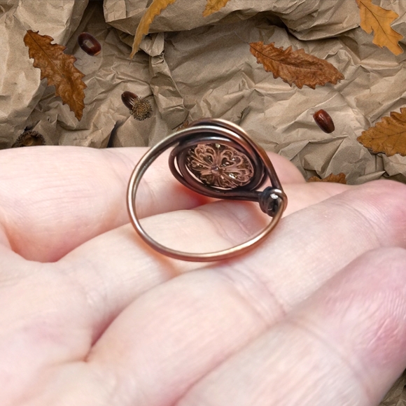 Artisan Copper Wire Wrap Ring with Silver Filigree Bead – Oxidized Finish - Picture 3 of 5